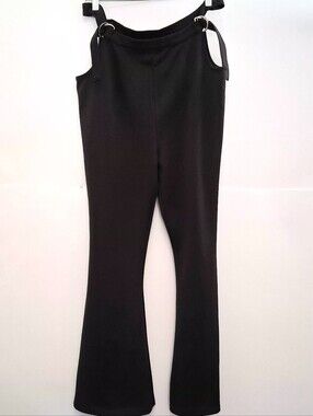 Black Women's Cut Out Waist Flared Pants with Ring Strap Belt Waist 18.5in